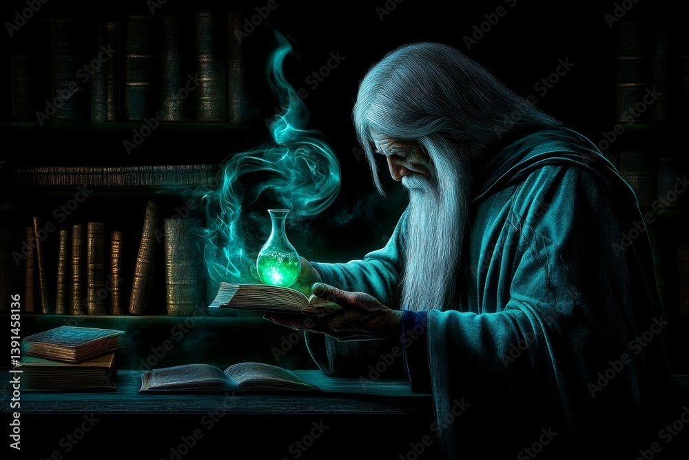 Fototapeta premium A potion master crafting glowing elixirs in a fantasy apothecary
