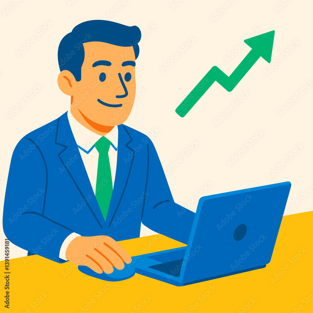 Businessman working on laptop with upward trend graph  