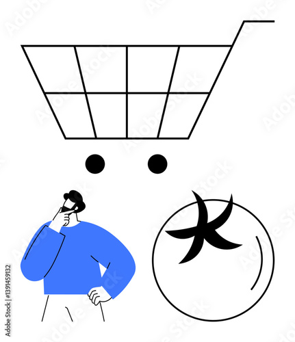Man contemplating purchases under stylized shopping cart and tomato. Ideal for decision-making, shopping, consumer behavior, food choice, groceries, healthy lifestyle, sustainability. Flat simple