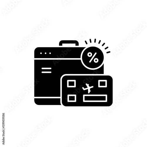 travel suitcase and ticket with discount symbol  