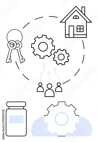 Gears connecting house, keys, people, and medicine bottle, highlighting teamwork, housing, healthcare, and system integration. Ideal for real estate healthcare team collaboration workflow