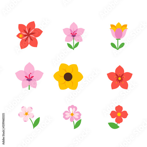 A collection of nine colorful cartoon flower icons in various shapes and colors (red, pink, yellow, white), representing nature, spring, and floral elements.