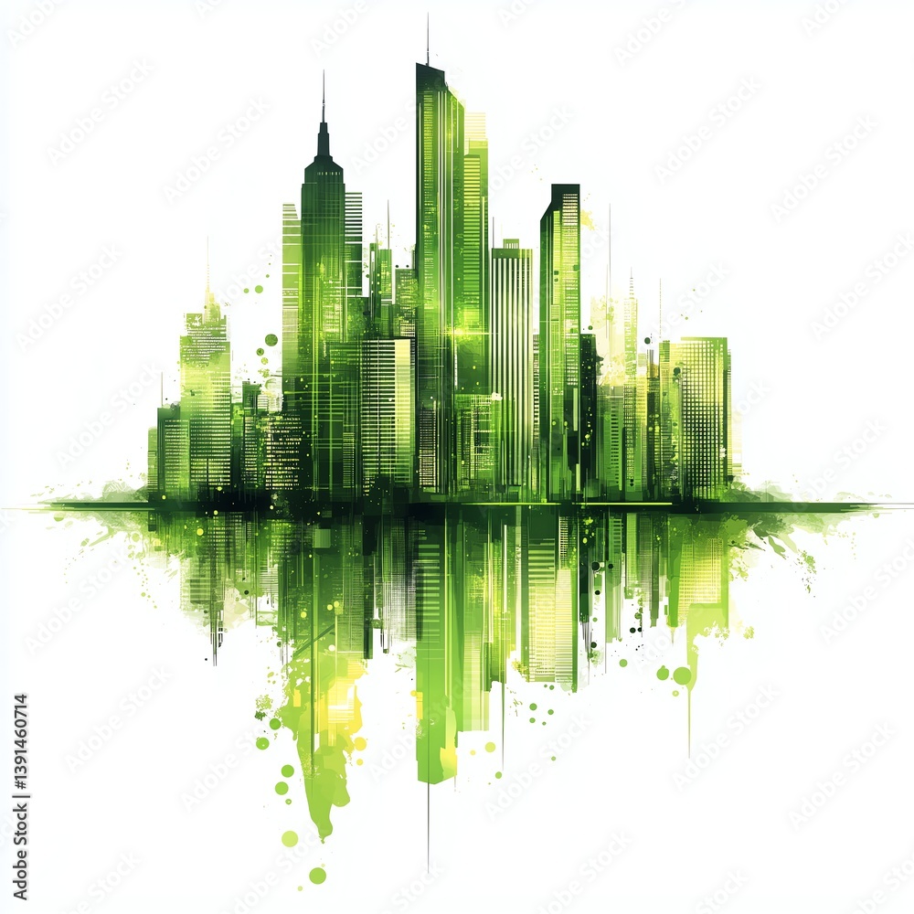Obraz premium Futuristic Green City Vector with Clean Energy Icons - High-rise Skyline with Ample Text Space for Eco Campaigns