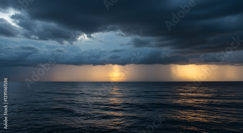 A brooding seascape shot at dusk, showcasing dark, swirling clouds overhead with hints of rain falling into the ocean
