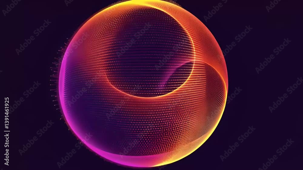 Abstract Glowing Sphere Composed Of Dynamic Particle Dots Illuminated In Orange And Purple Hues Over Dark Background