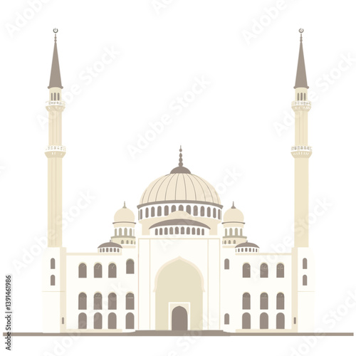  A detailed illustration of a grand mosque with minarets and domes, representing Islamic architecture, religion, culture, and place of worship.