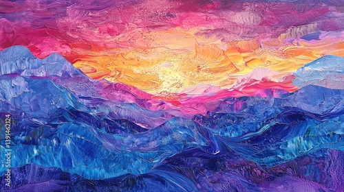 Wallpaper Mural Vibrant sunset over majestic, blue mountains, painted with thick impasto strokes. Torontodigital.ca