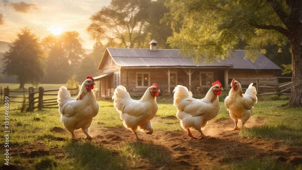 Fototapeta premium A large flock of red and white hens is walking along a dirt path with greenery on both sides.