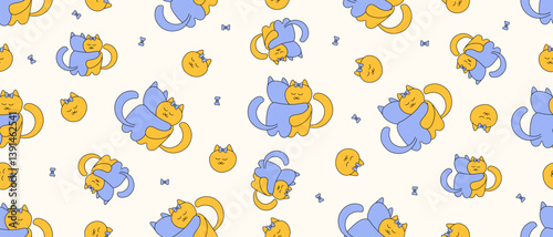 Whimsical cat seamless pattern vector illustration. Doodle hand drawn cats background. Perfect childrens fabric textile wallpaper print. EPS 10