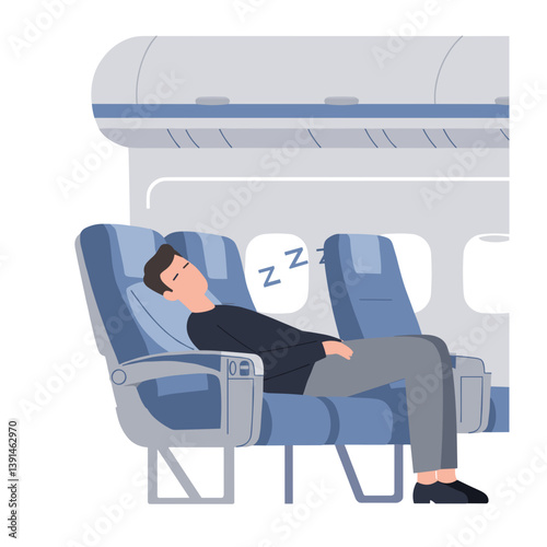 Man Sleeping Comfortably in Airplane Seat by the Window  