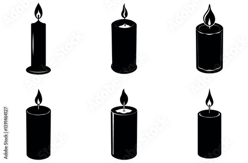 Candle Silhouette Vector Bundle | Tall and Pillar Wax Candle Icons with Flames | Black Clipart for Spiritual Decor, Holiday Graphics, Memorial Art, Religious Themes, and Warm Light Illustrations