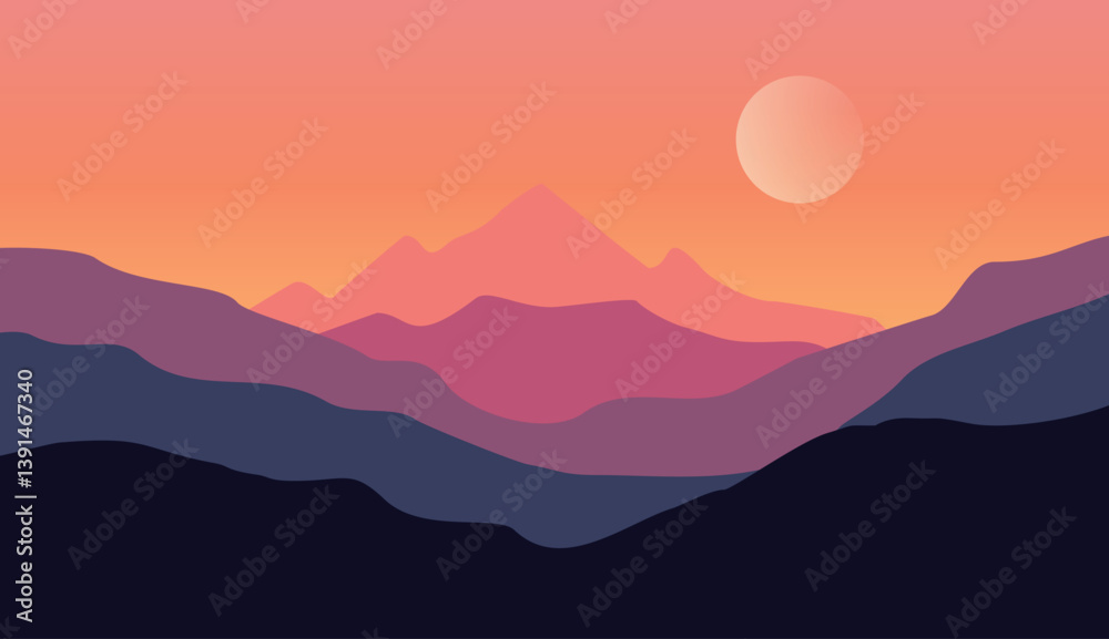 Vector illustration of a beautiful mountain landscape at sunset. Calm and peaceful scenery with mountains, trees, and the setting sun. Ideal for backgrounds, wallpapers, posters, and graphic design pr Vector illustration of a beautiful mountain landscape at sunset. Calm and peaceful scenery with mountains, trees, and the setting sun. Ideal for backgrounds, wallpapers, posters, and graphic design pr