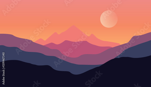 Vector illustration of a beautiful mountain landscape at sunset. Calm and peaceful scenery with mountains, trees, and the setting sun. Ideal for backgrounds, wallpapers, posters, and graphic design pr