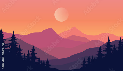 Vector illustration of a beautiful mountain landscape at sunset. Calm and peaceful scenery with mountains, trees, and the setting sun. Ideal for backgrounds, wallpapers, posters, and graphic design pr