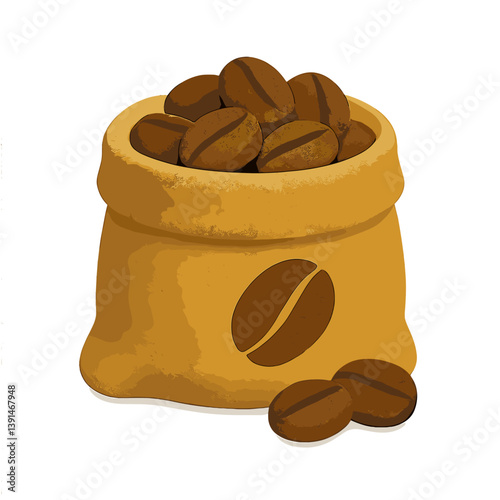 Coffee bag filled with beans in a simple, colorful style  