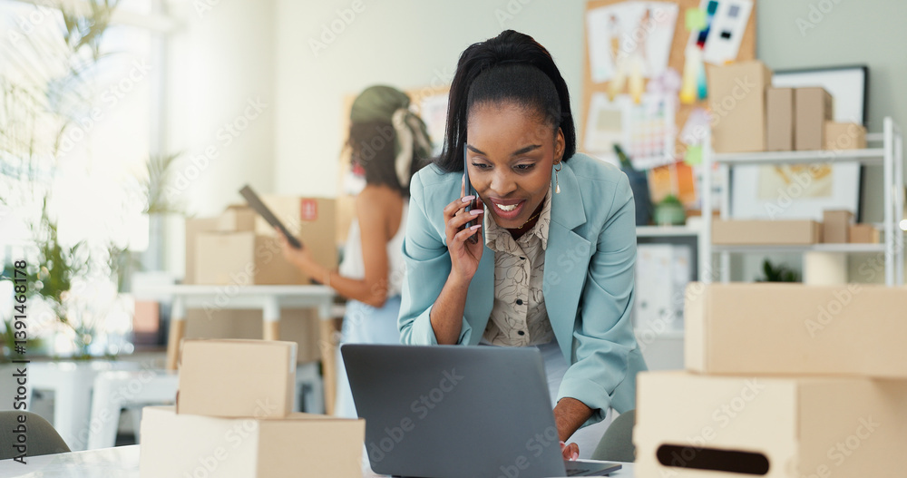 Laptop, phone call and ecommerce with woman and small business for delivery schedule, shipping and inventory. Logistics, distribution and cargo with person in office supply warehouse for stock Laptop, phone call and ecommerce with woman and small business for delivery schedule, shipping and inventory. Logistics, distribution and cargo with person in office supply warehouse for stock