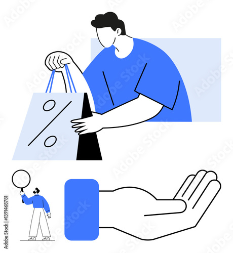 Man carrying shopping bag marked with discount, open hand symbolizing help or offering, and small figure holding balloon. Ideal for shopping, discounts, retail, generosity, offers, commerce
