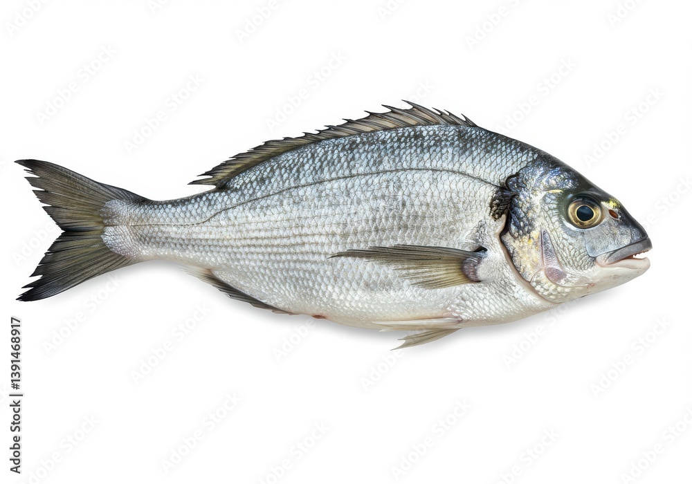 Isolated gilthead seabream on white background showing scales fins and eye detail in high resolution Isolated gilthead seabream on white background showing scales fins and eye detail in high resolution