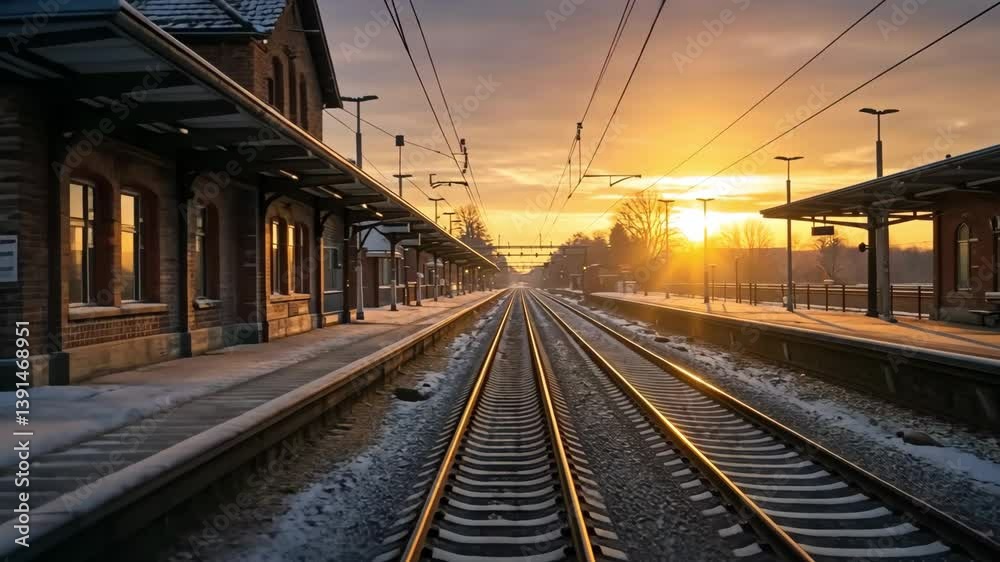 Railroad tracks leading to a station at sunset with snow on the ground in winter time Railroad tracks leading to a station at sunset with snow on the ground in winter time