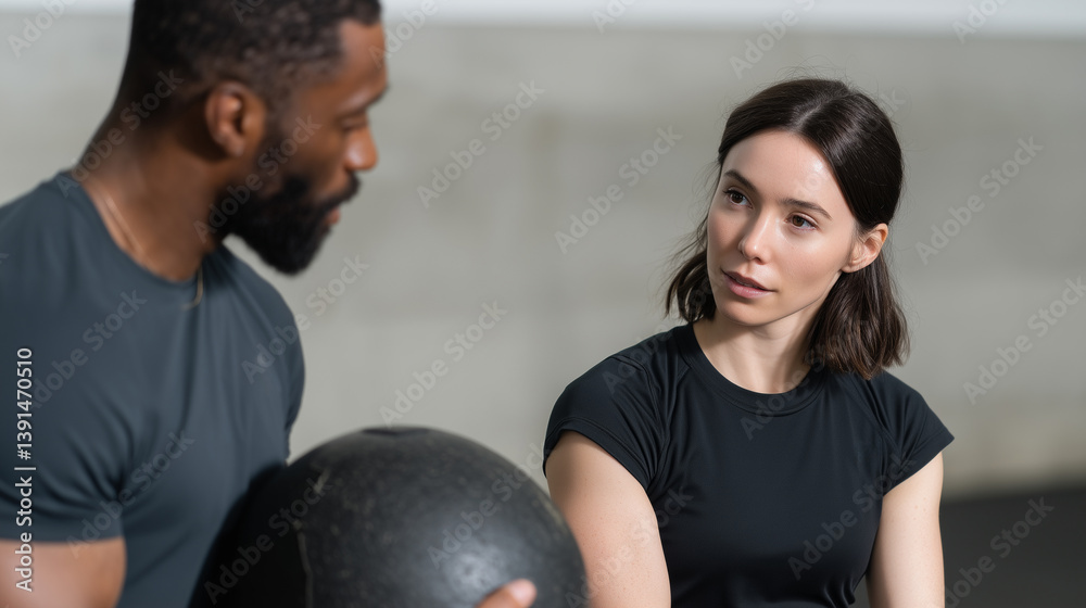 Fototapeta premium personal trainer and client engage in focused workout session
