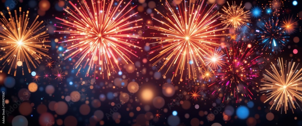 Fototapeta premium A vibrant display of colorful fireworks bursts against a deep black sky, illuminating the night with dazzling reds, blues, and greens, creating a festive and celebratory atmosphere.