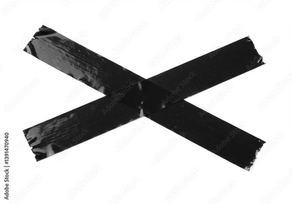 Fototapeta premium A close up shot of two strips of black tape forming an x shape on a plain white background surface