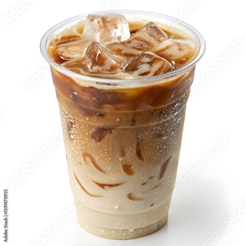 A refreshing iced latte, perfectly layered with espresso and milk, topped with glistening ice cubes in a clear plastic cup, capturing the essence of a cool summer treat.