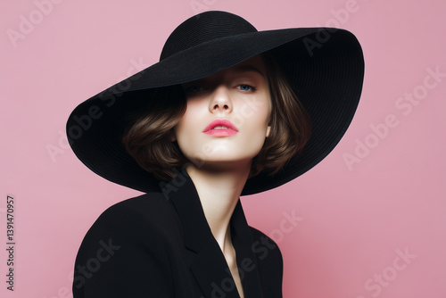 Elegant woman in black hat and blazer against pink background, exuding sophistication and style