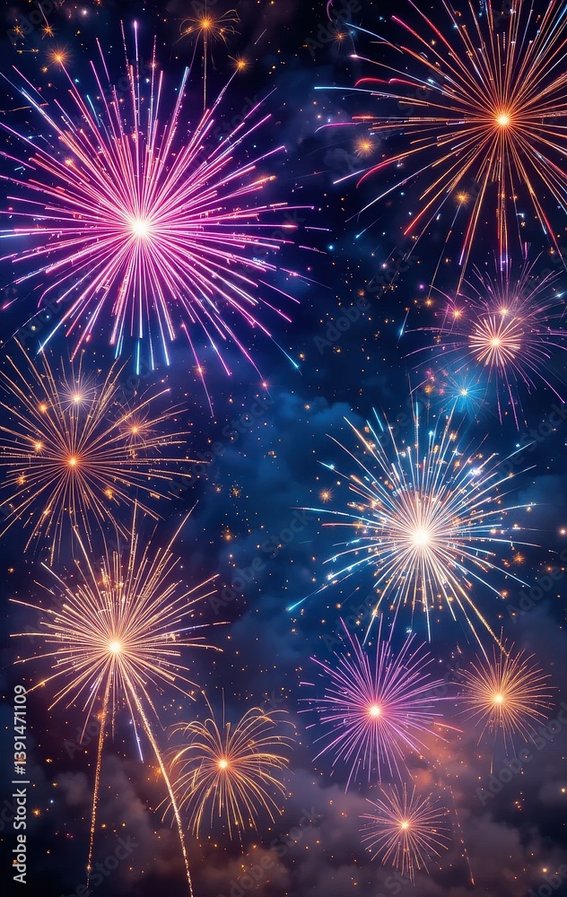 Naklejka premium A vibrant display of colorful fireworks bursts in the night sky, illuminating the darkness with brilliant reds, blues, and golds, creating a festive atmosphere for onlookers below.