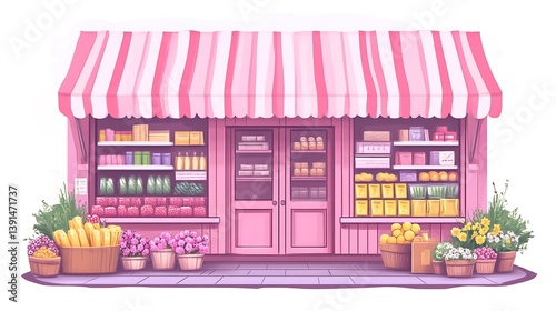 Pink storefront with various goods.