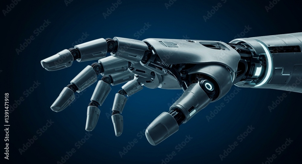 Featuring glowing blue accents and gray and black mechanical parts, a detailed, futuristic robotic hand and forearm is shown against a dark blue background Featuring glowing blue accents and gray and black mechanical parts, a detailed, futuristic robotic hand and forearm is shown against a dark blue background