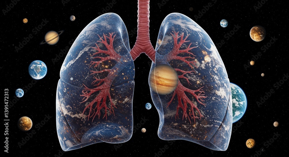Lungs filled with planets representing the universe Lungs filled with planets representing the universe