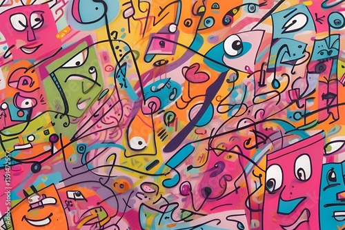 Colorful Abstract Cartoon Doodle Composition in Retro Pop Art Style