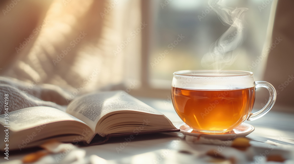 A hot cup of tea and an open book by the window A hot cup of tea and an open book by the window