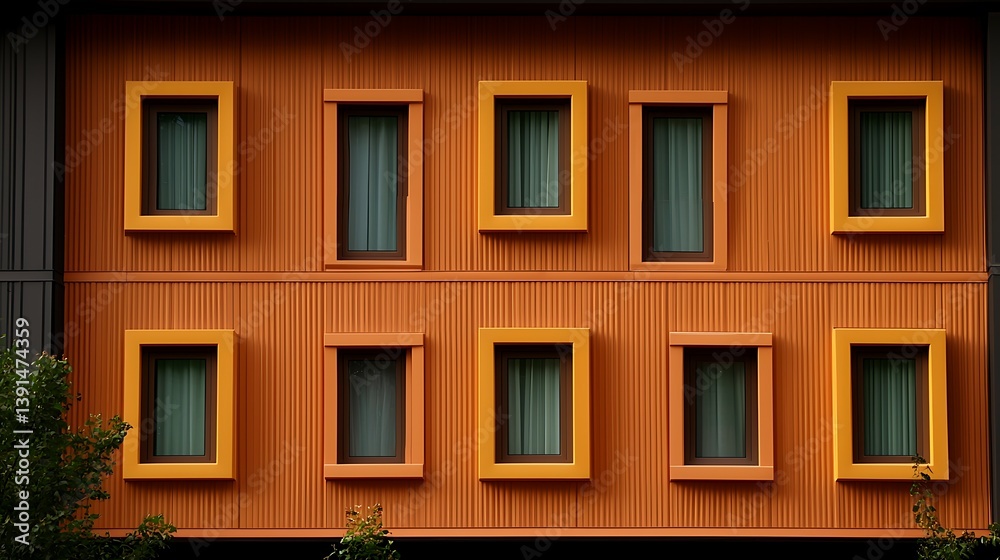 Fototapeta premium Colorful facade of a modern building featuring vibrant orange and yellow window frames