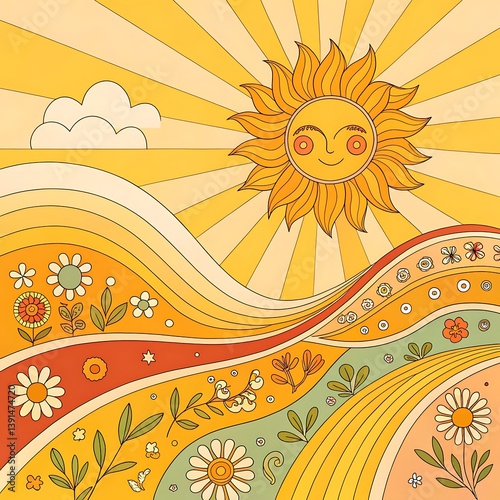 Groovy retro abstract sun backgrounds. Organic doodle shapes in trendy naive hippie 60s 70s style