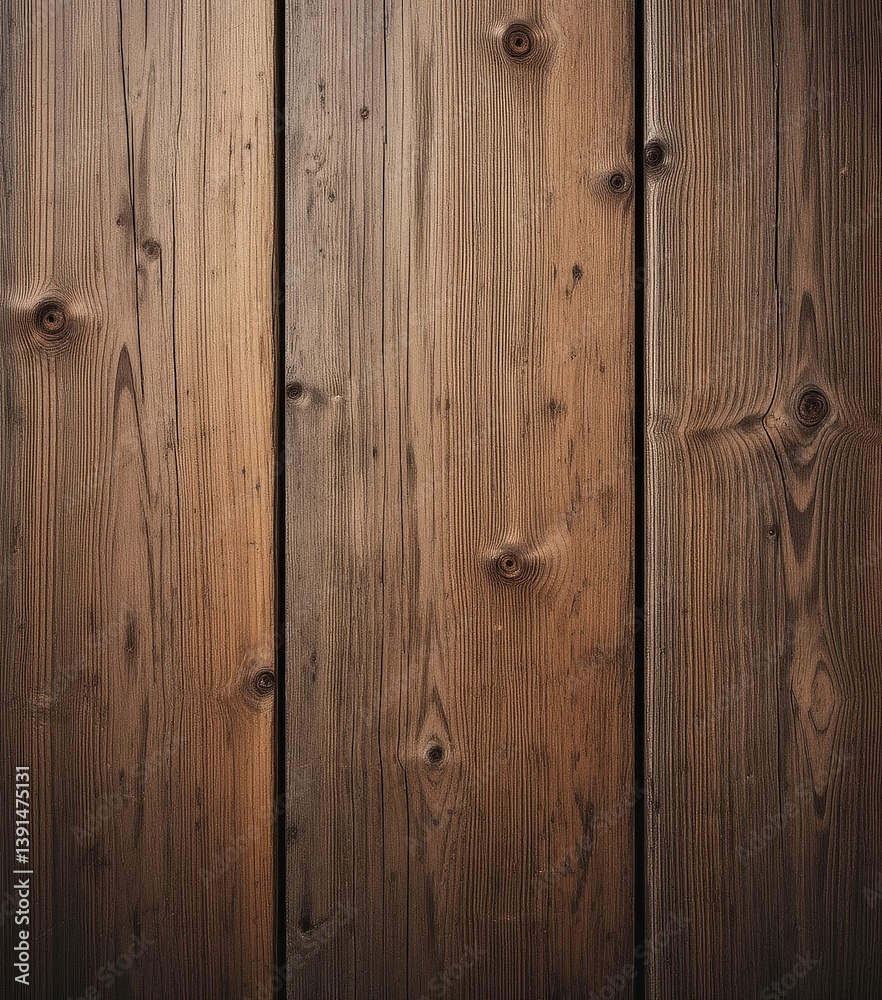 Naklejka premium A close-up view of a rustic wood texture background, showcasing the intricate grain patterns, knots, and natural imperfections of the aged timber, with warm brown tones and a matte finish.
