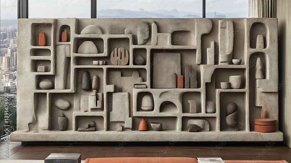 Obraz premium Abstract sculptural wall art with various sized niches and shapes containing small decorative objects.