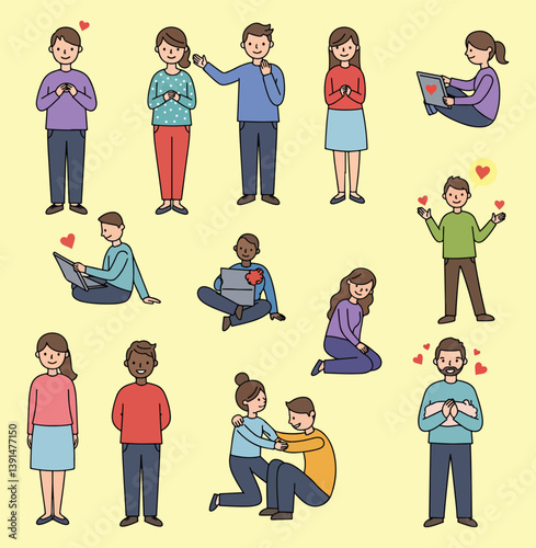 Love and Connection Icons Cute People with Hearts Relationships and Technology