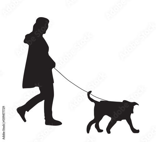 Black silhouette of woman is walking with a dog on a leash side view. Vector flat illustration Isolated on transparent background
