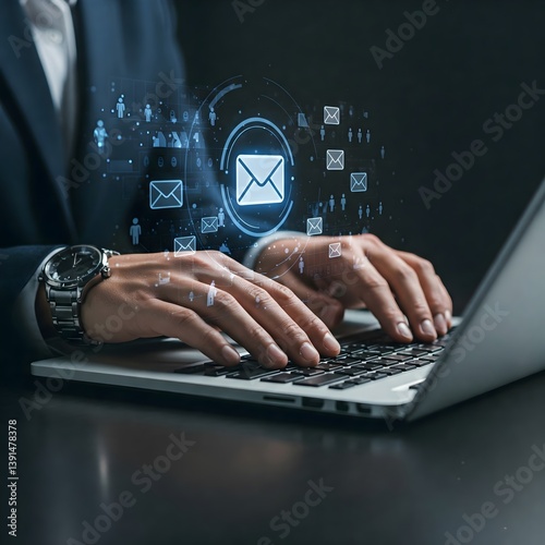 Email marketing automation technology and customer database. Businessman typing on laptop computer keyboard at desk in office.
