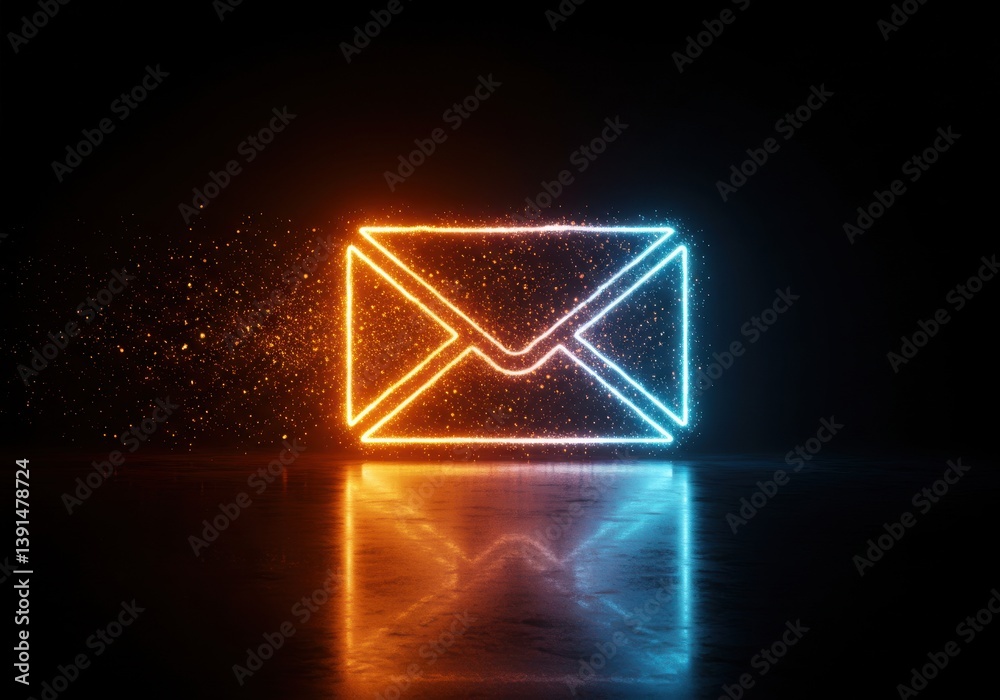 Fototapeta premium Glowing neon email icon with reflection on a dark background and sparkling particles effect around it
