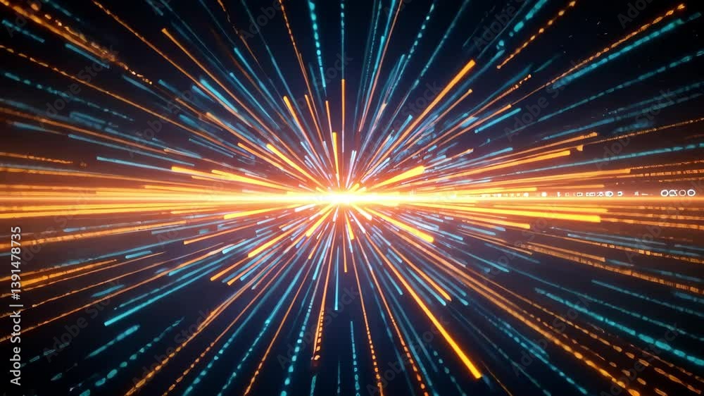 Abstract light streaks converging towards a central bright point with blue and orange hues Abstract light streaks converging towards a central bright point with blue and orange hues
