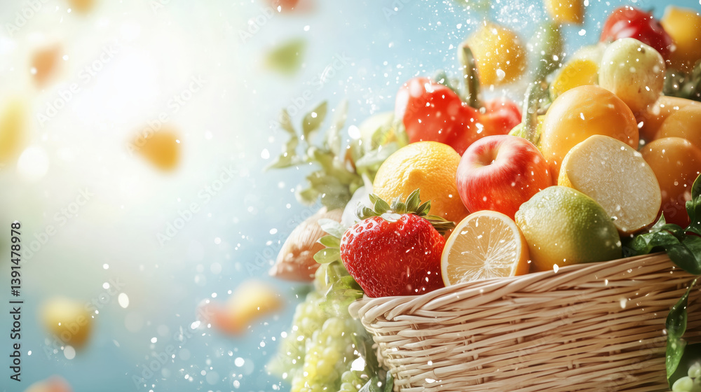 Fresh fruit basket with splashing water on blue background.