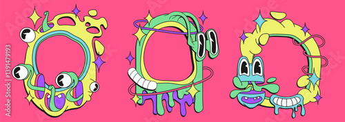Psychedelic 70s groovy frames - bright neon colorful weird creatures, melting shapes decorated with eyes and smiles, stars and wavy forms. Funky trippy style border elements for retro design.