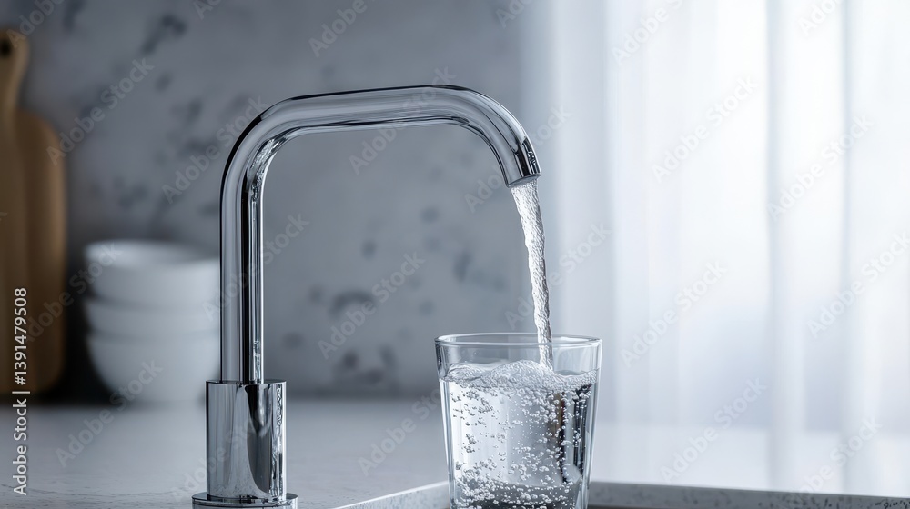 A shiny chrome faucet fills a clear glass with fresh, clean water. It represents hydration, cleanliness, and access to safe drinking water. A shiny chrome faucet fills a clear glass with fresh, clean water. It represents hydration, cleanliness, and access to safe drinking water.