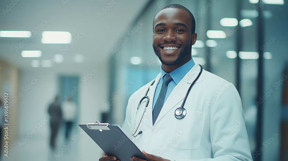 Portrait of a smiling male doctor in hospital hallway holding documents.