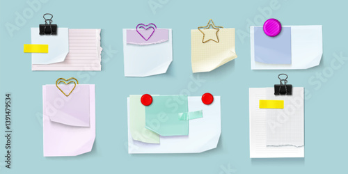 Paper note sticker collection - colorful sticky sheets with push pins, binder clips, gold outline heart and star holders. Realistic office supplies set of reminder memo pads vector illustration.