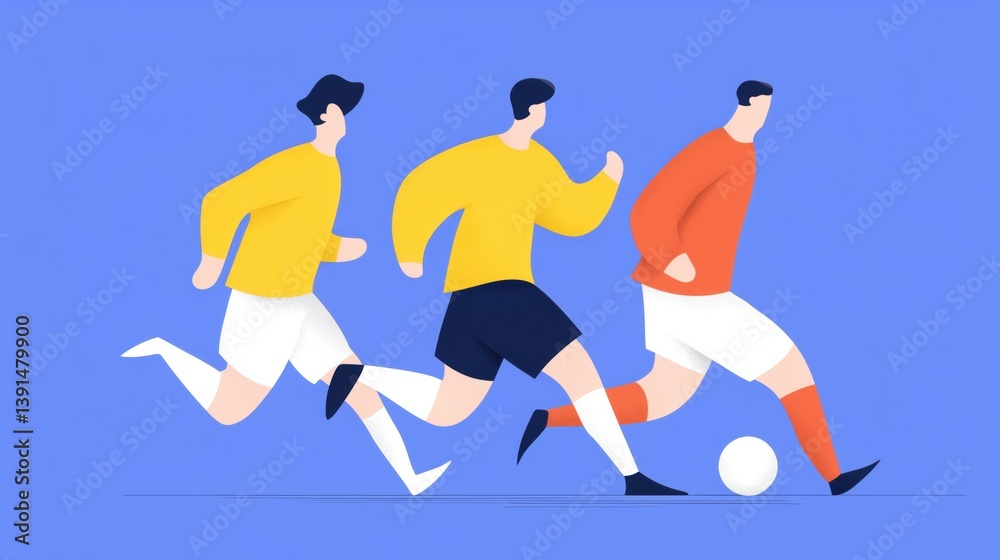 Three players competing on a blue background during a soccer match showcasing their skills and teamwork, cartoon illustration.