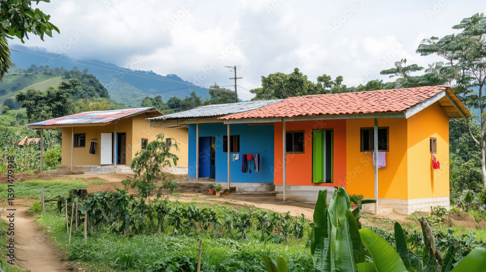 Colorful tropical village houses in mountain landscape.